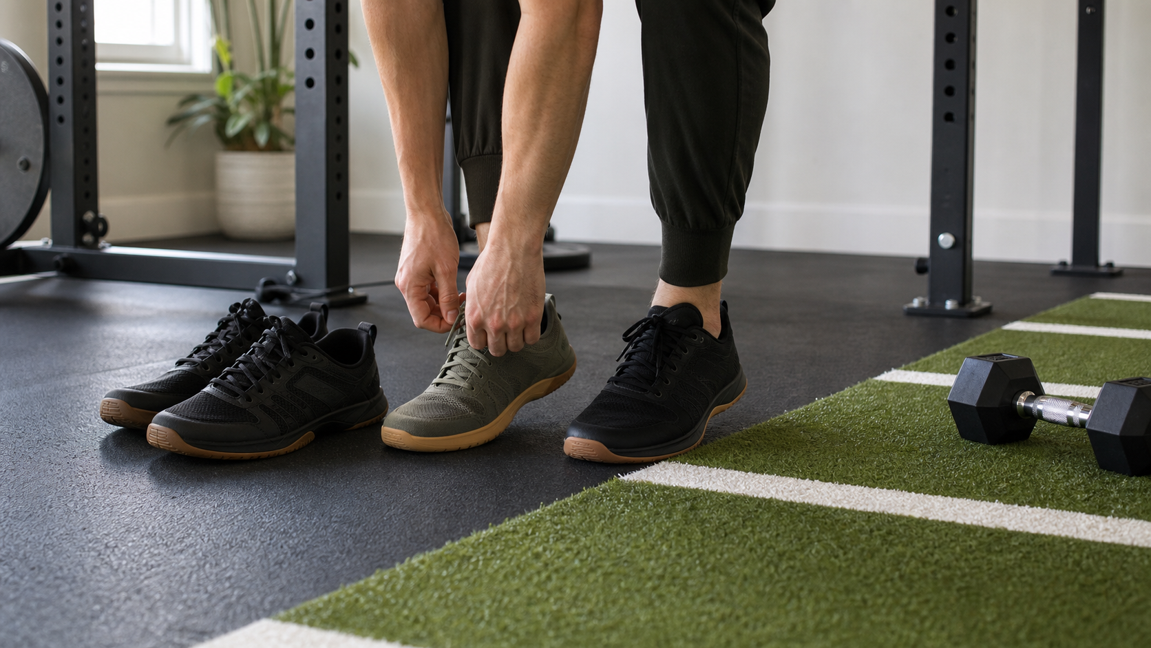 Person tying generic unbranded training shoes beside a rack and turf in a home gym