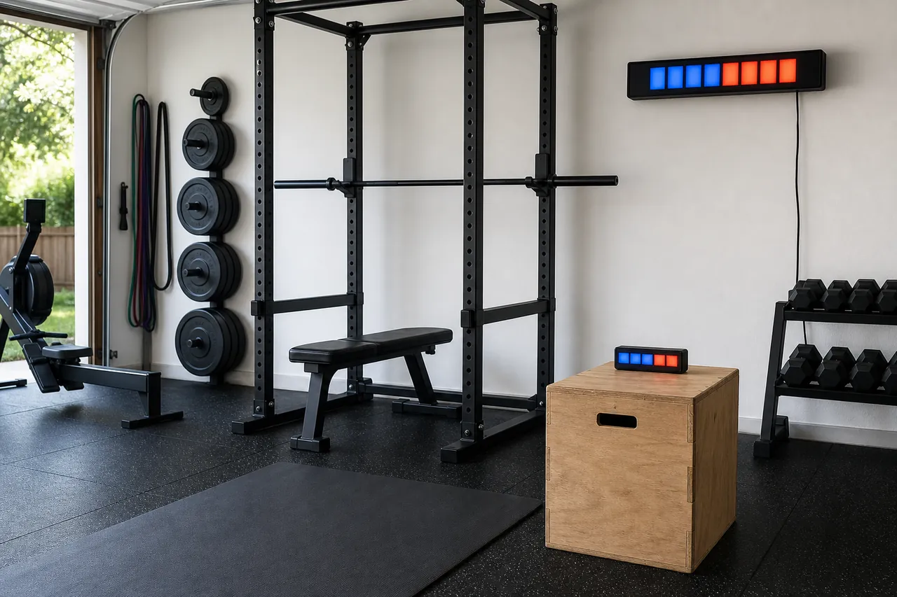 Generic blank-segment wall and portable timers in a bright garage gym