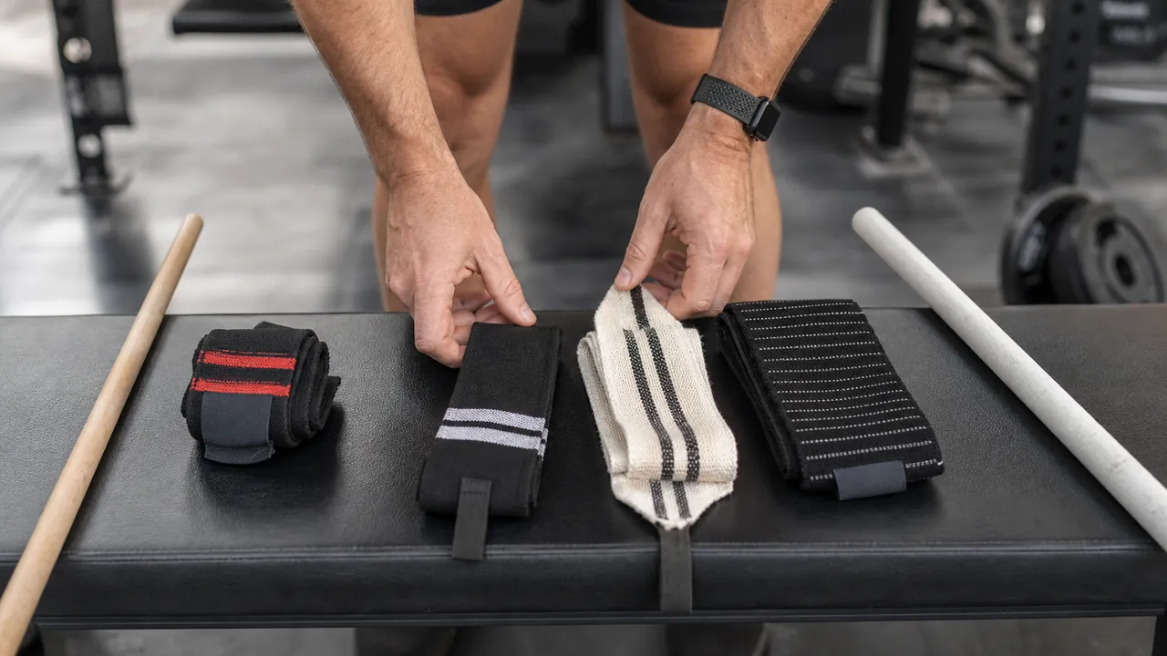 Athlete arranging generic unbranded wrist-wrap styles on a gym bench