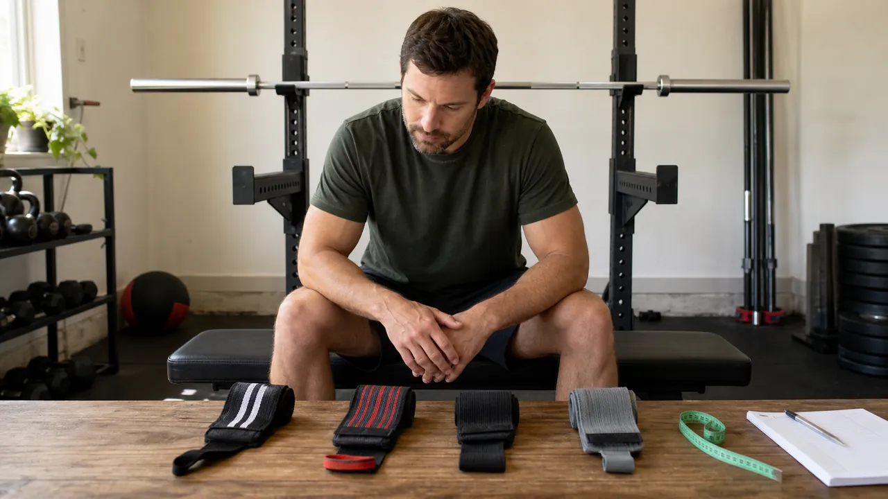 Lifter comparing four generic wrist wraps beside a tape measure in a home gym