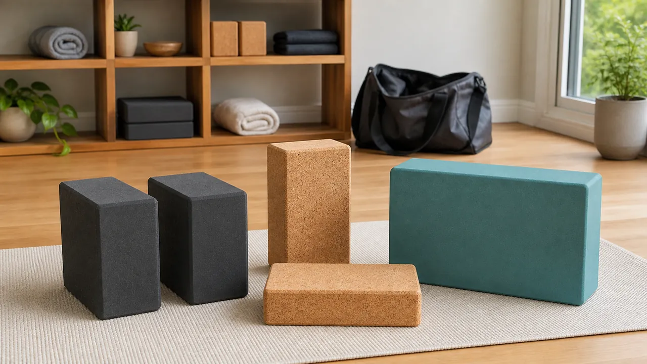 Generic foam and cork yoga blocks in standard, slim, and oversized shapes arranged in a home practice room.