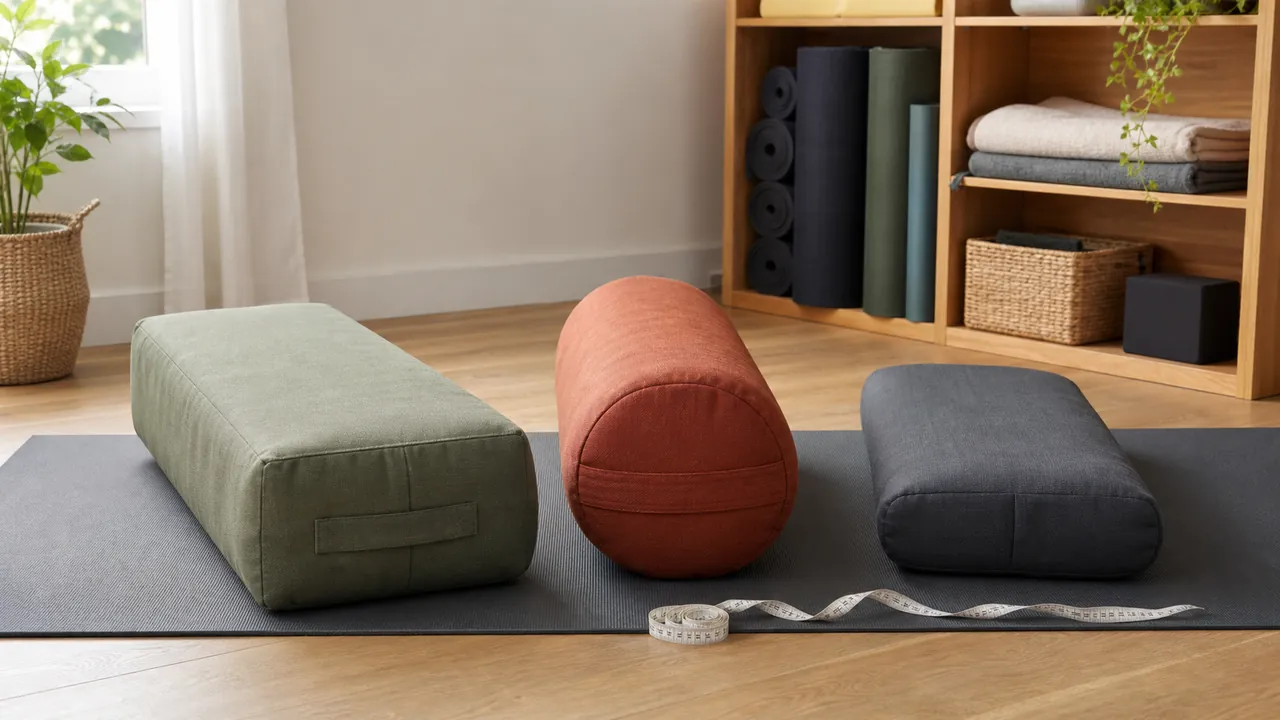 Three generic unbranded yoga bolsters in rectangular, round, and low-profile shapes beside a measuring tape and storage shelf