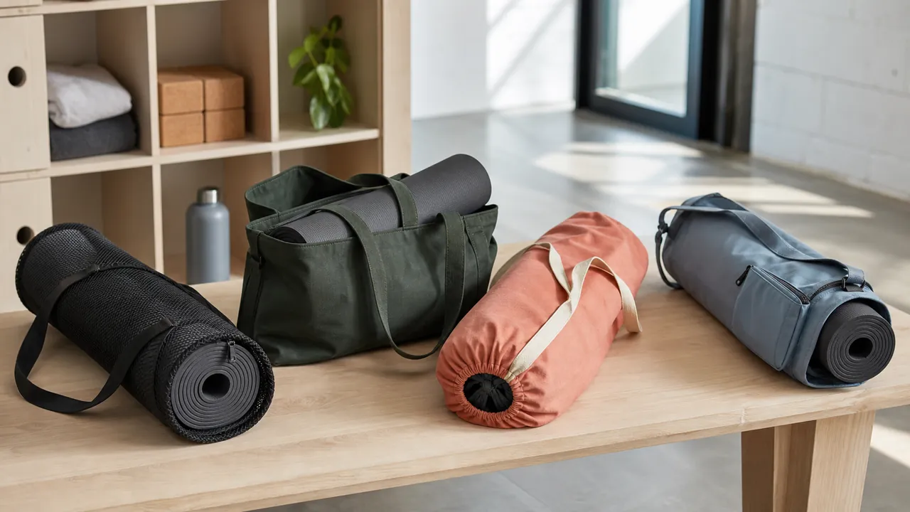 Four generic unbranded yoga mat carrier formats beside plain rolled mats