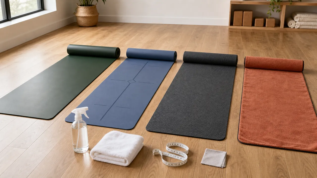 Four generic unbranded yoga mats with a towel, spray bottle, tape measure, and care cloth