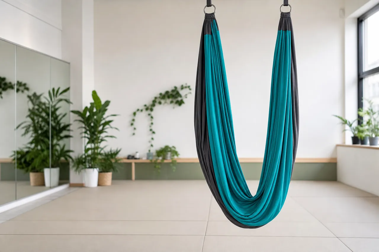 Generic unbranded aerial hammock fabric hanging unloaded in a professionally equipped training studio