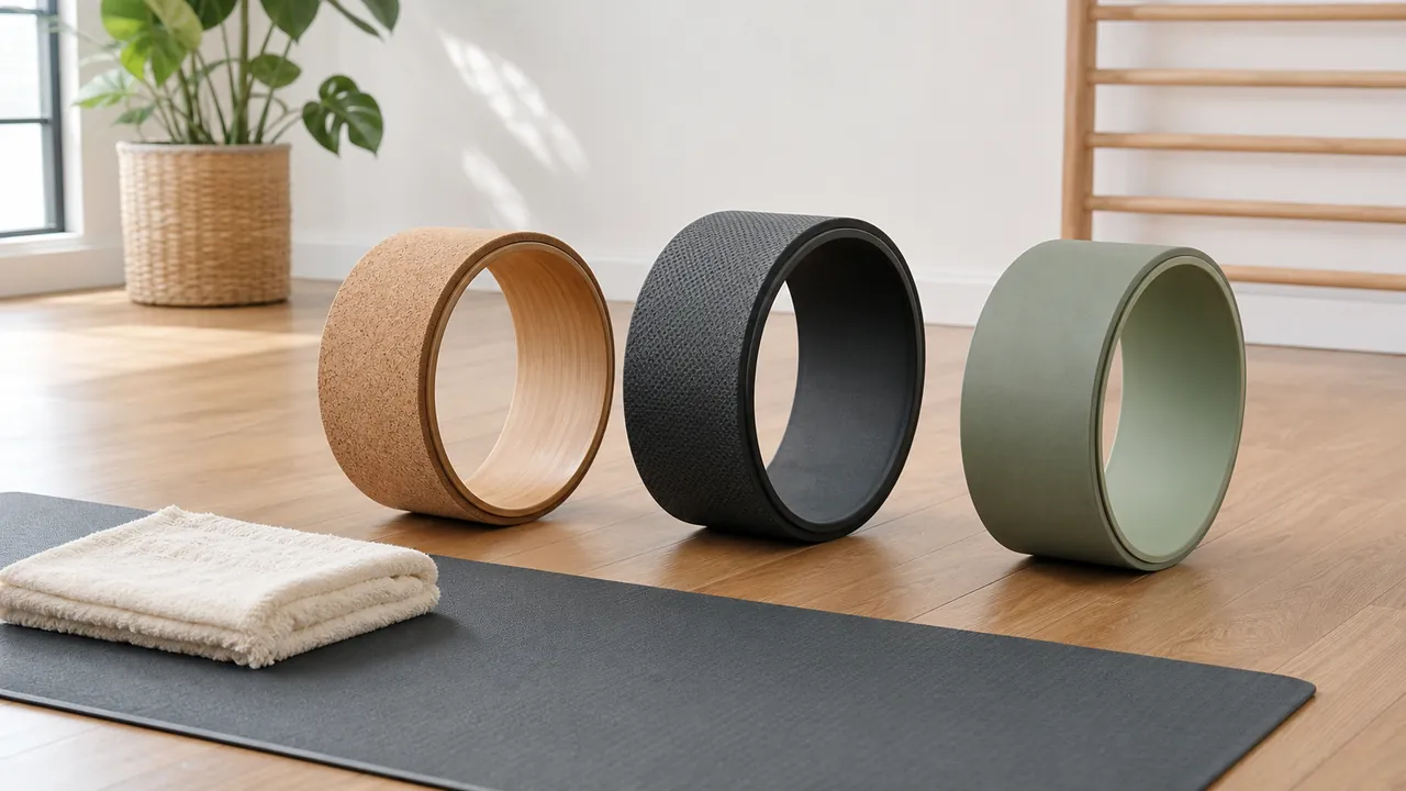 Three generic unbranded yoga wheels with cork, textured foam, and smooth padded surfaces beside a yoga mat