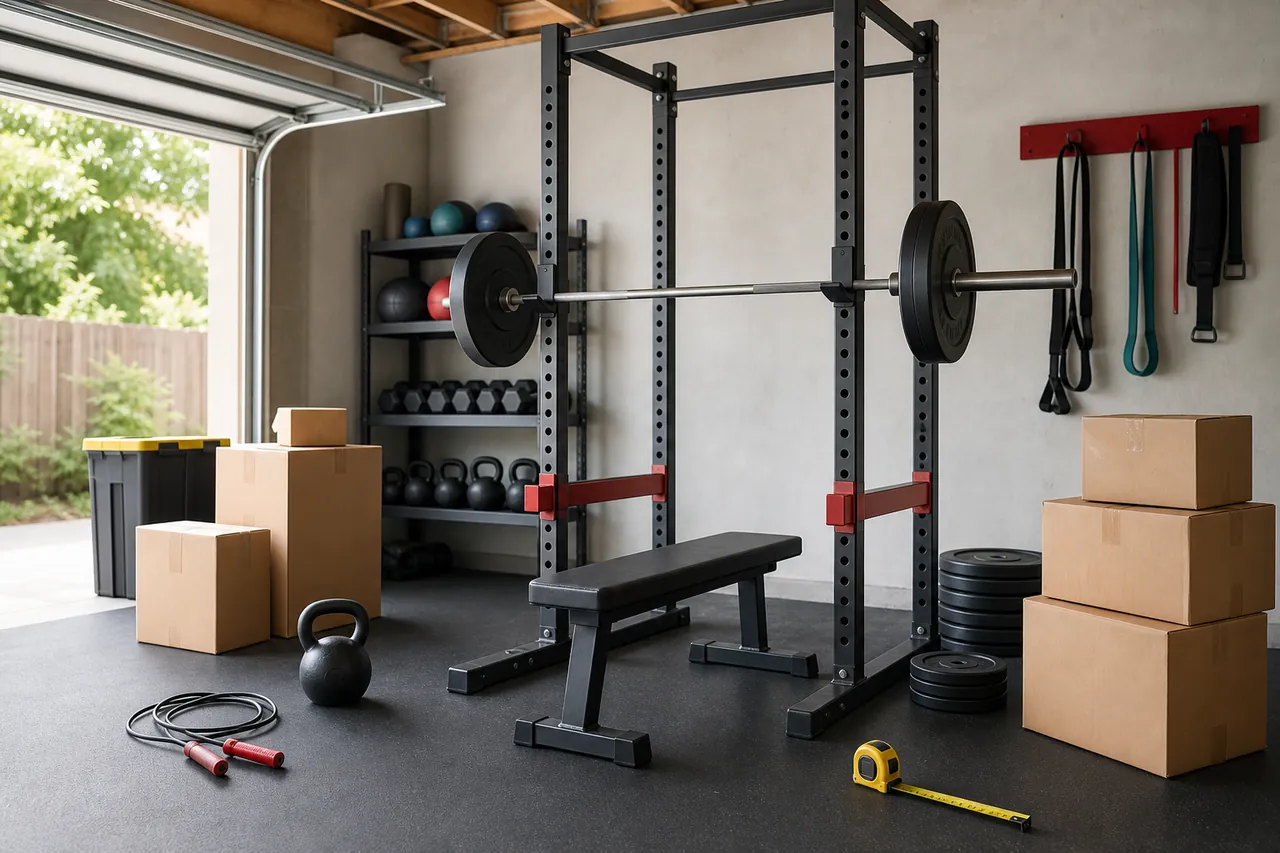 Generic unbranded functional-fitness rack, barbell, bench and delivery boxes in a garage