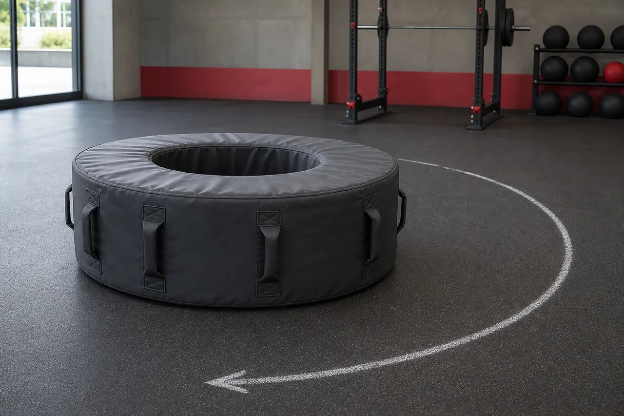 Generic unbranded soft workout tire trainer beside a marked flip lane