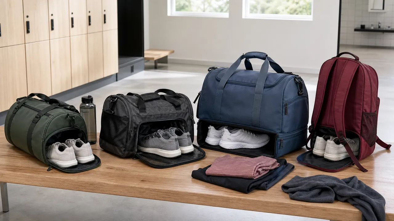 Generic gym bags with open shoe compartments beside clean trainers, clothing, and a bottle in a bright locker room.