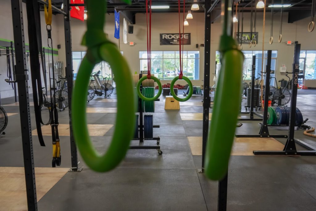 crossfit garage gym with gymnastics rings